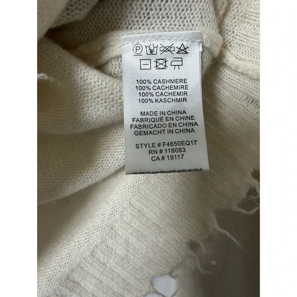 Minnie Rose 100% Cashmere Distressed V Neck Sweater Ivory Women's M Soft